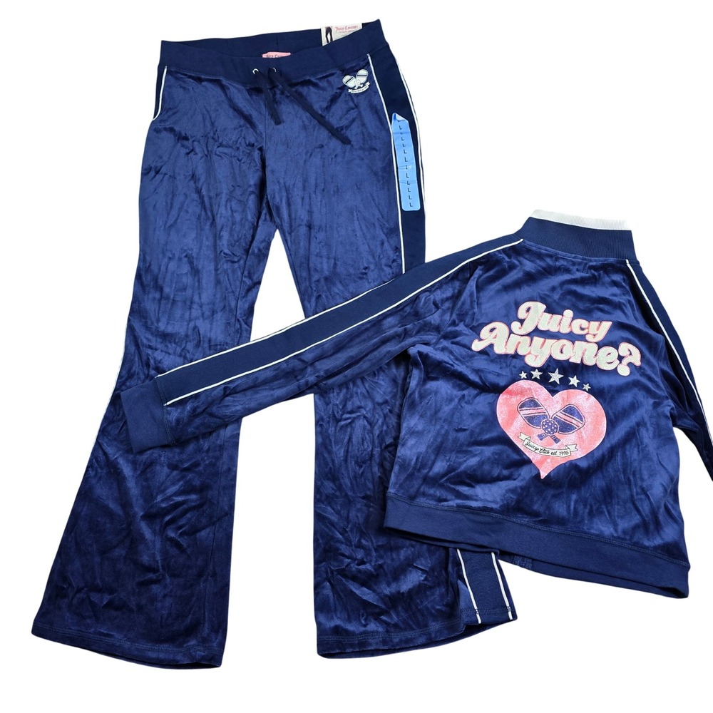 Juicy Couture Tracksuit Women L Navy Velour Pickleball Jacket Pants Set NWT